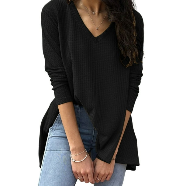 YYear Womens Solid Regular Fit Waffler Knit Tops V Neck Long Sleeve Top Blouse T-Shirt 